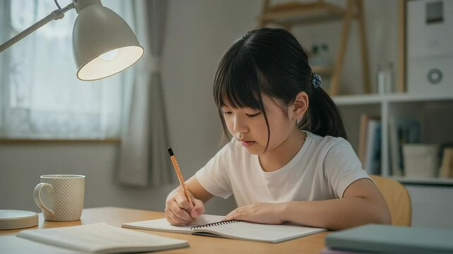 自宅でノートをとって勉強する、白いTシャツ姿の女子小学生