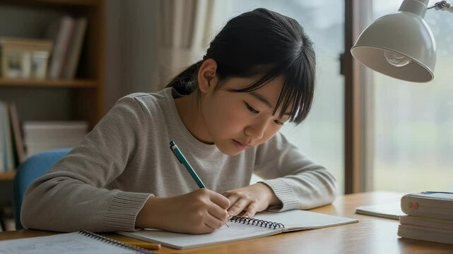 自宅でノートをとって勉強する、灰色のロングTシャツを着た女子小学生