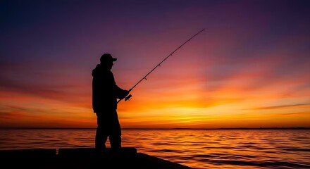 Fisherman Casting Line at Sunrise – Peaceful Nature and Outdoor Hobby Scene