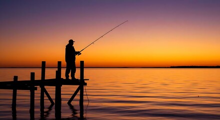 Fisherman Casting Line at Sunrise &ndash; Peaceful Nature and Outdoor Hobby Scene