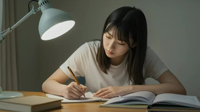 自室でライトをつけてノートをとって勉強する、女子高生