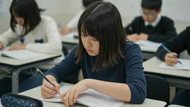 教室でスラスラとノートをとる、女子高生