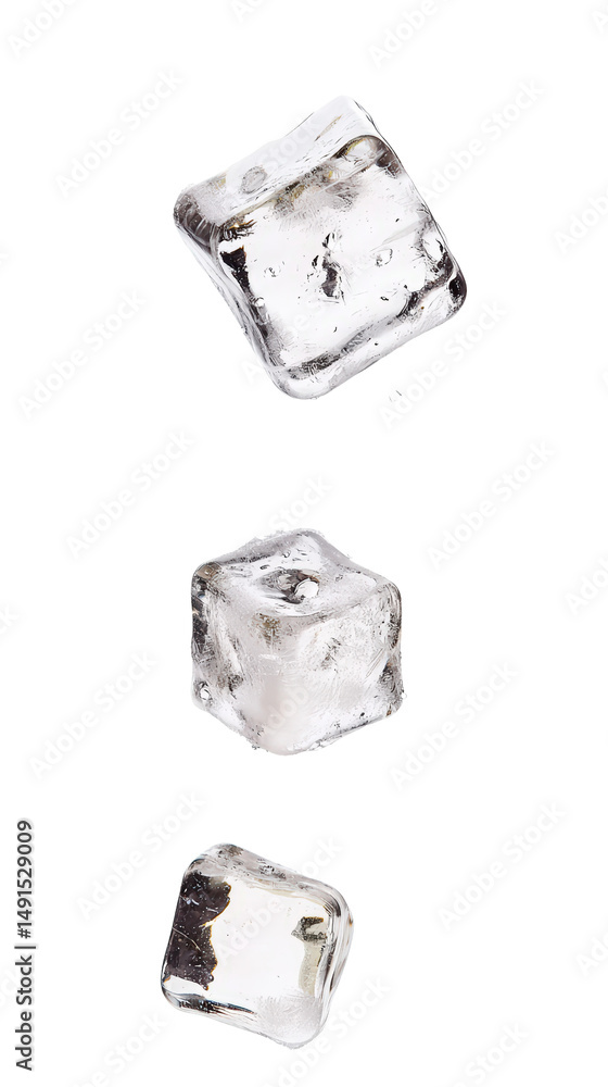 Poster clear ice cubes falling and melting with ice water liquid splashing cold refreshing beverage element