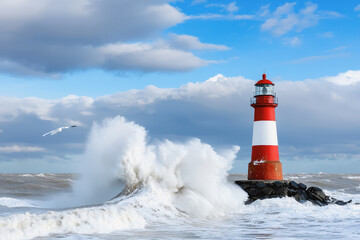 Majestic lighthouse standing tall amidst stormy seas with waves crashing dramatically against its solid structure