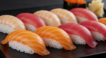 A delightful assortment of nigiri sushi featuring fresh tuna, salmon, and shrimp, beautifully arranged on a black plate. Fresh and vibrant!