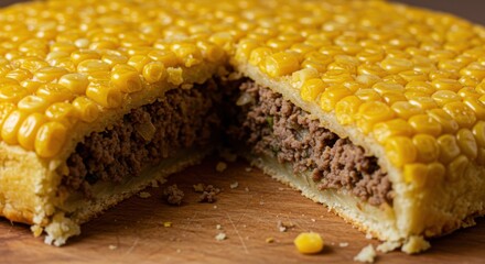 A freshly sliced corn and meat pie reveals a savory filling. The vibrant corn topping adds visual appeal. A delicious dinner idea!