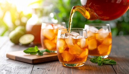 アイスティーをグラスに注ぐ