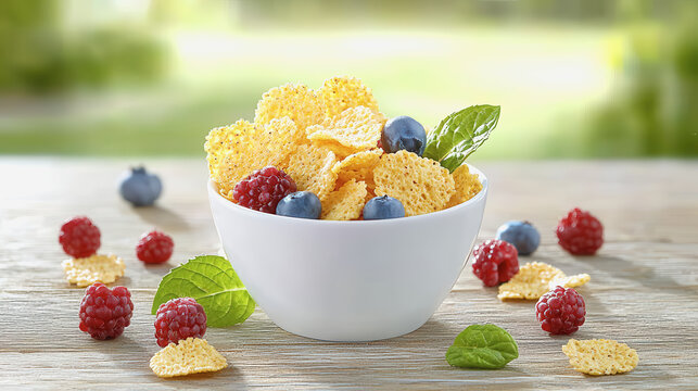 A healthy breakfast bowl featuring crunchy cornflakes topped with fresh berries and mint leaves for added flavor