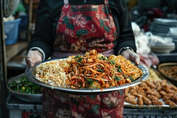 High Definition Picture of Woman Holding Tray of Food in Market