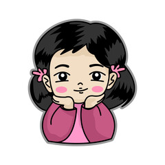 Sticker or cartoon of a beautiful, cute girl with black hair and her hands on her cheeks