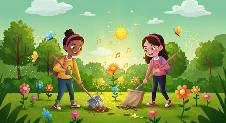 Two Children Working in a Magical Garden with Music and Butterflies