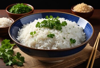 There's a bowl of rice and some chopsticks on the table
