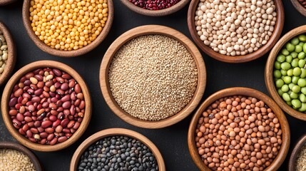 Assortment of dried beans, grains, and seeds in wooden bowls