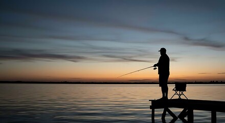 Fisherman Casting Line at Sunrise &ndash; Peaceful Nature and Outdoor Hobby Scene