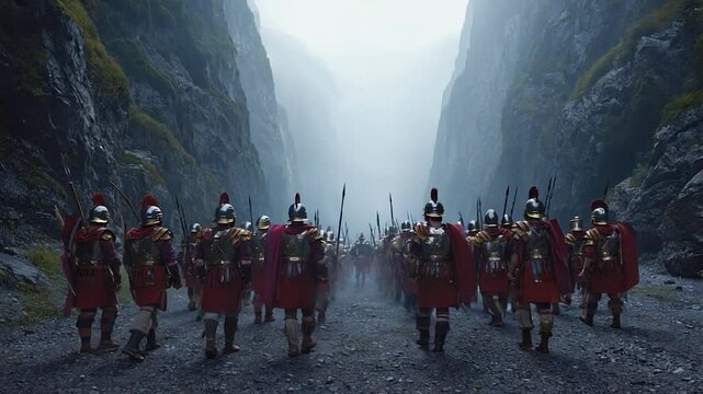 Ancient soldiers marching through mountain pass in historical attire