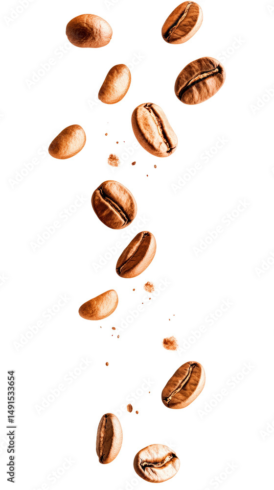 Poster assorted coffee beans arranged in a dynamic falling pattern with close-up detail highlighting textur