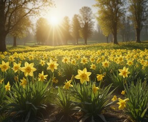 Sunlit daffodils burst forth in vibrant yellow against a verdant field , floral, yellow flowers