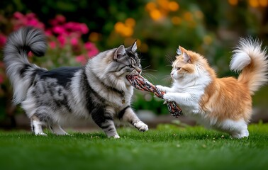 Fototapeta premium Playful cats engaging in a tug-of-war game garden setting nature photography close-up angle pet interaction