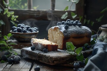 Blueberry Cake Still Life with Powdered Sugar, Fresh Berries and Rustic Window