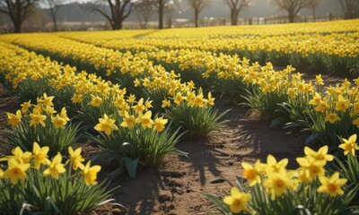 Sunlit daffodil field, vibrant yellow blooms, spring countryside, closeup, wildflowers, day