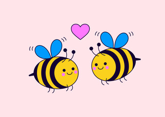 Adorable vector of two smiling bees with heart symbol on a pink background. Great for love, romance, and cute character designs