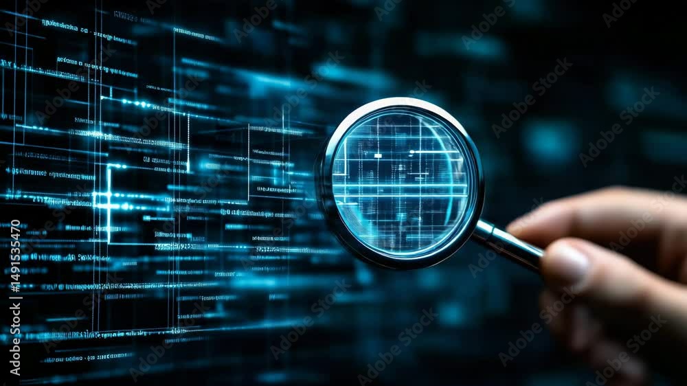 Aufkleber a hand is holding a magnifying glass over digital code, symbolizing analysis and data investigation 