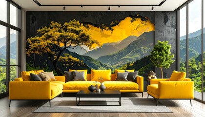 Serene Mountain Landscape Mural in Modern Living Room