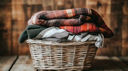 Obraz premium Folded clothes in a wicker basket