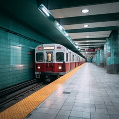 Obraz premium Urban Subway Station with Red and White Train Arriving on Platform Surrounded by Modern Architecture and Ambient Lighting