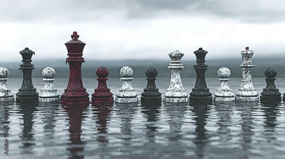 Poster a row of chess pieces on a flooded playing field.