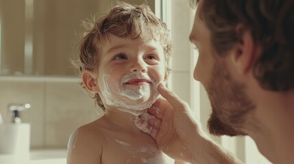 Father teaching son how to shave for the first time