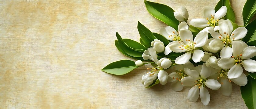White blossoms on beige. Floral spring card