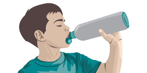 vector illustration of a boy holding a mineral water drinking bottle while standing © Liansyahmora Nst