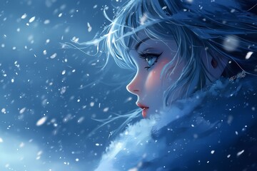 Profile view of a girl in winter landscape