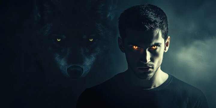 Man with glowing eyes and wolf shadow behind him