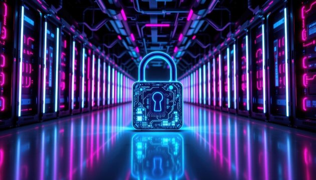 Cybersecurity lockdown protecting data in a high-tech server room environment