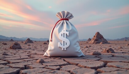 Financial opportunity in a dry landscape a bag of money symbolizing wealth and desolation