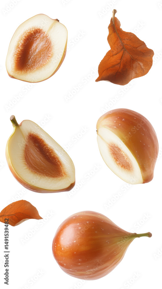Poster close-up of fresh brown and pear slices with a whole pear and on a clean white background, showing d