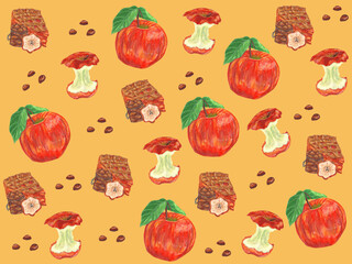 seamless pattern with apple fruit. hand drawn outline on holiday season vibes background. high resolution for design with a whimsical and enchanting orange theme