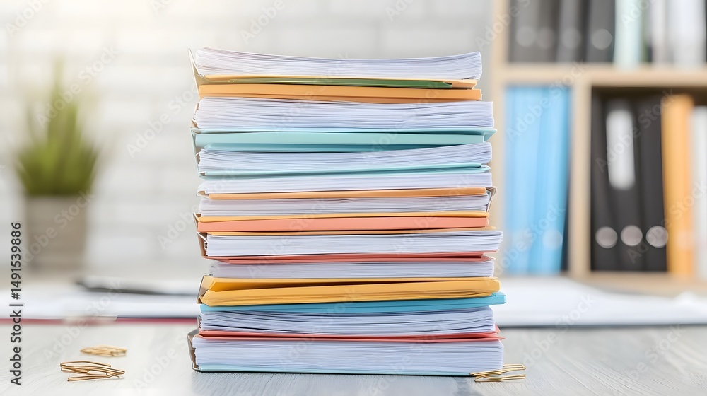 Aufkleber neatly arranged stack of colored folders on a desk