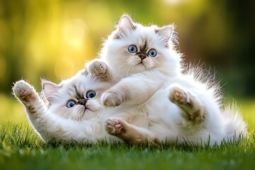 Playful kittens engaging in cuddly antics in a lush garden captured in vibrant light adorable and heartwarming