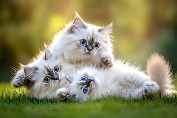 Playful white kittens in a lush green garden adorable animal photography soft natural light close-up view