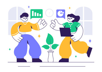 Vector illustration of a Coworking Business Featuring Colleagues Talking, Meeting, and Working Together in an Office Company Environment Background