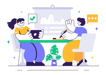 Vector illustration of a Coworking Business Featuring Colleagues Talking, Meeting, and Working Together in an Office Company Environment Background