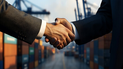 Businesspeople shaking hands in professional or partnership agreement, with background showing busy container terminal.