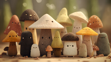a group of cute mushroom monsters with tall caps