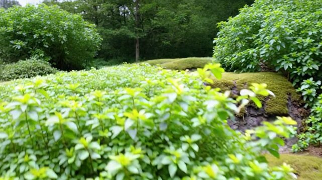 Lush green vegetation covering rocky terrain in a vibrant natural setting