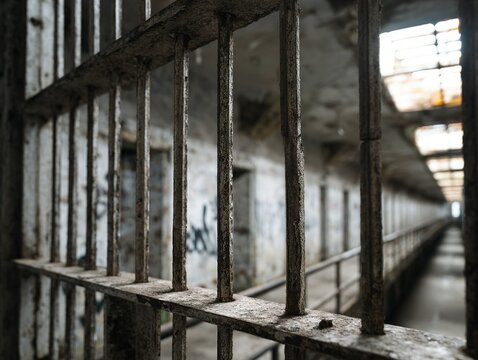 Interior view of a weathered prison cell block.