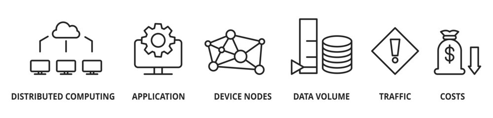 Banner EDGE Computing Information Technology Vector Illustration Concept with icons and the keywords distributed computing, application, device nodes, data volume, traffic, costs.

