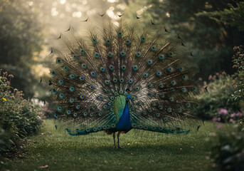 Obraz premium Vibrant peacock showing full plumage in garden scene